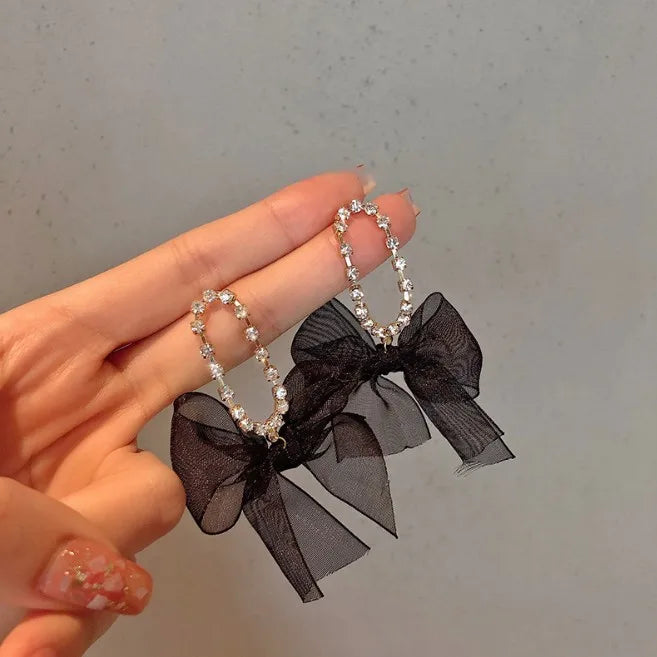 Korean Dangle Drop Earrings Black Tulle Yarn Rhinestone Bow Knot Kawaii Fashion Jewelry for Women Fall Winter