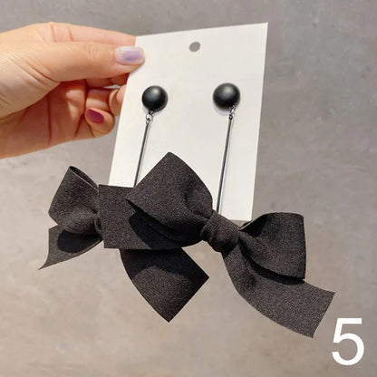 Korean Dangle Drop Earrings Black Tulle Yarn Rhinestone Bow Knot Kawaii Fashion Jewelry for Women Fall Winter
