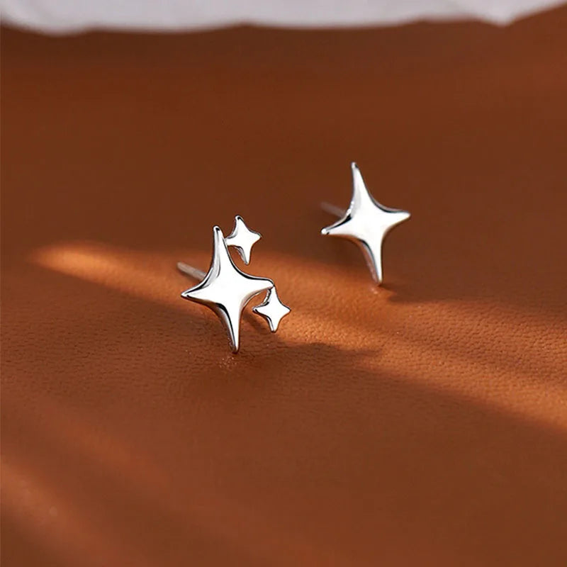 Asymmetric Four-pointed Star Earrings for Women Silver Fairy Stud Jewelry