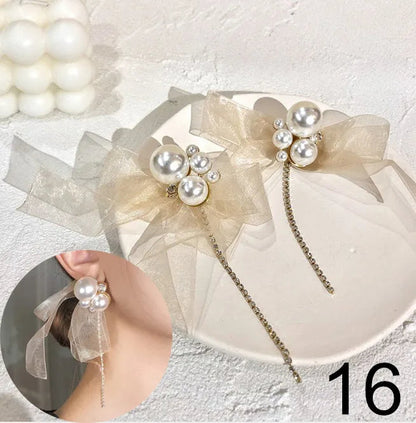 Korean Dangle Drop Earrings Black Tulle Yarn Rhinestone Bow Knot Kawaii Fashion Jewelry for Women Fall Winter