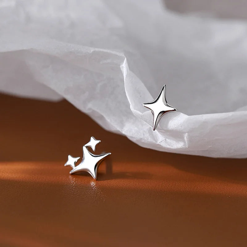Asymmetric Four-pointed Star Earrings for Women Silver Fairy Stud Jewelry