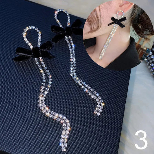 Korean Dangle Drop Earrings Black Tulle Yarn Rhinestone Bow Knot Kawaii Fashion Jewelry for Women Fall Winter