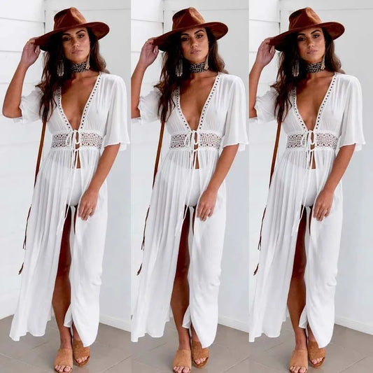 Vestido largo playero para mujer, pareo tipo túnica de bikini, vestido blanco con cuello en V, traje de baño, ropa de playa
