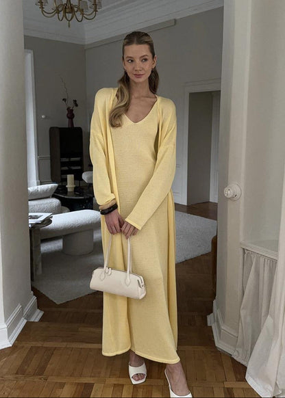 Blush Lure - Knit Maxi Dress with Cardigan Set