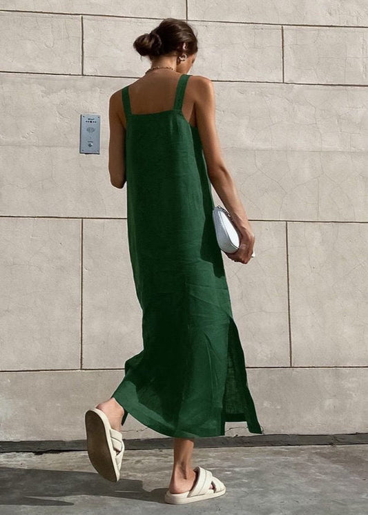 Isla Linen Midi Dress – Relaxed Fit with Side Slits