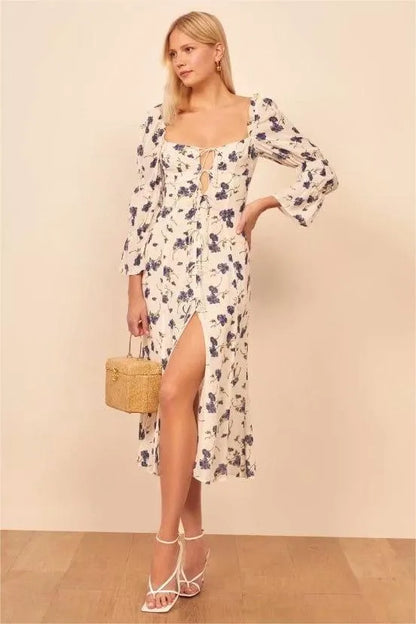 Vestido midi con abertura y encaje, cuello cuadrado y flores 