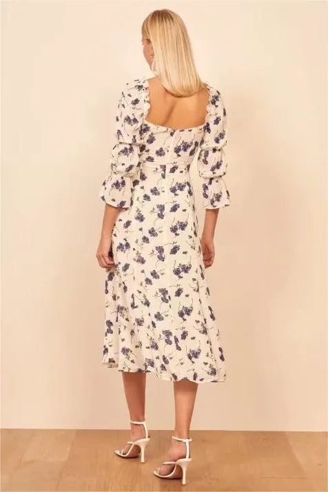 Vestido midi con abertura y encaje, cuello cuadrado y flores 