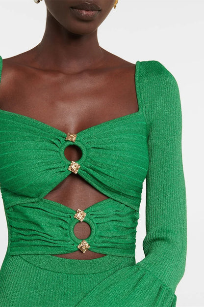 Vestido de punto con cuello de corazón y mangas acampanadas verde 