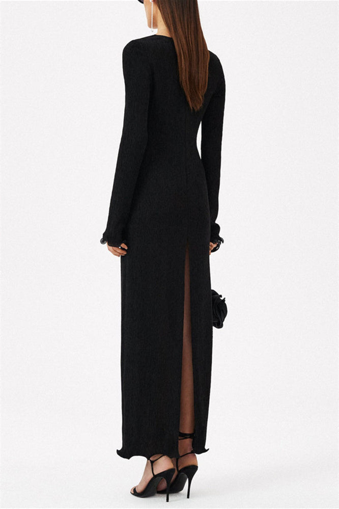 Vestido largo negro con escote en V y manga larga con flores 3D 