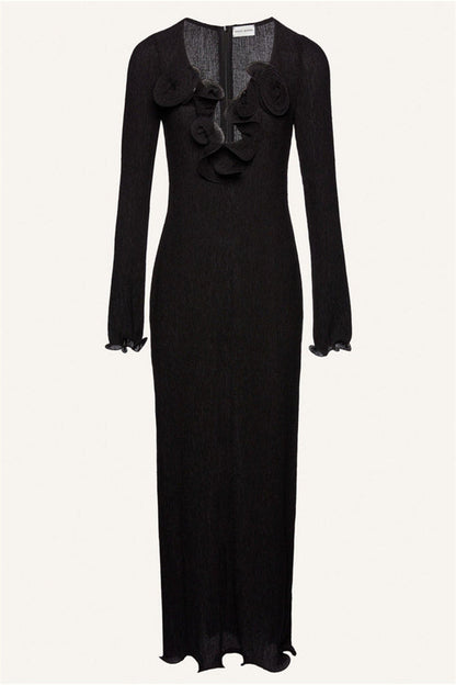 Vestido largo negro con escote en V y manga larga con flores 3D 