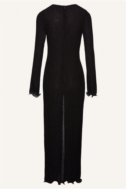 Vestido largo negro con escote en V y manga larga con flores 3D 