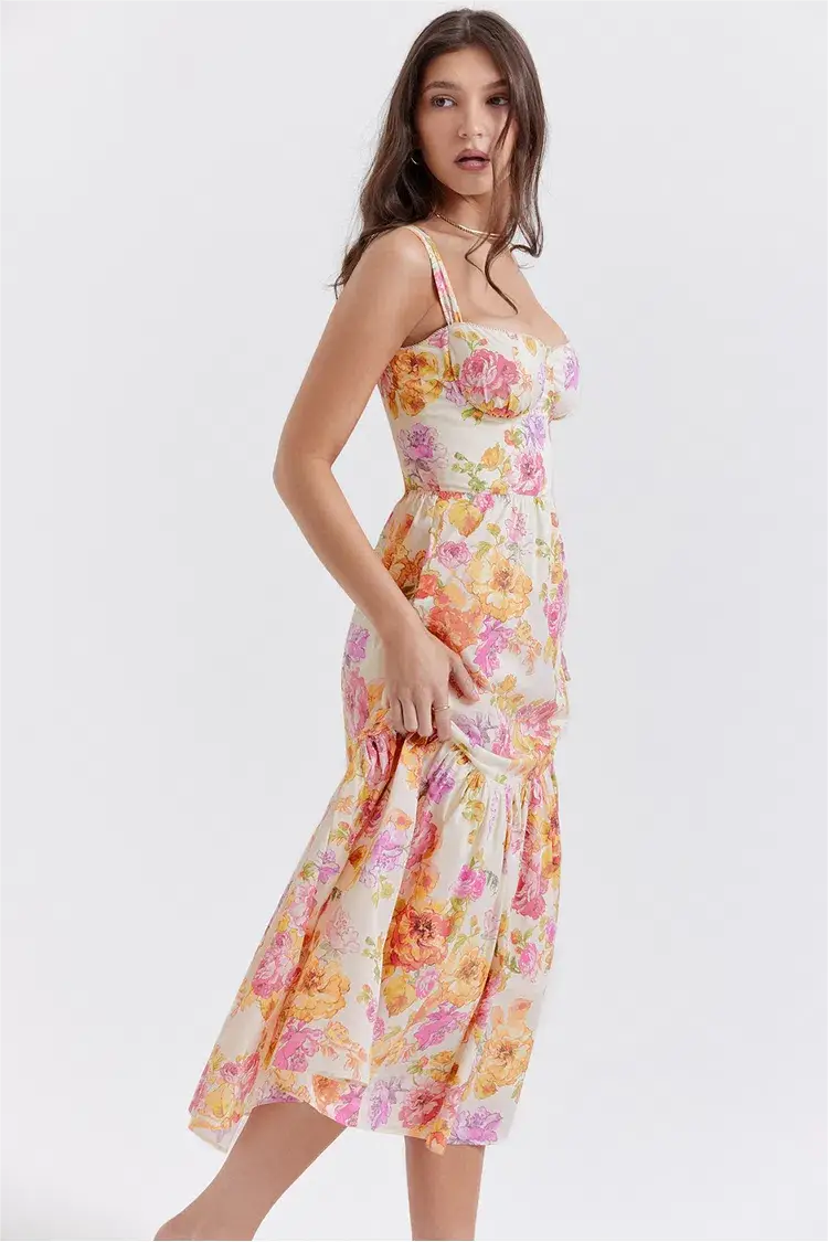 Vestido midi camisola con corsé floral 