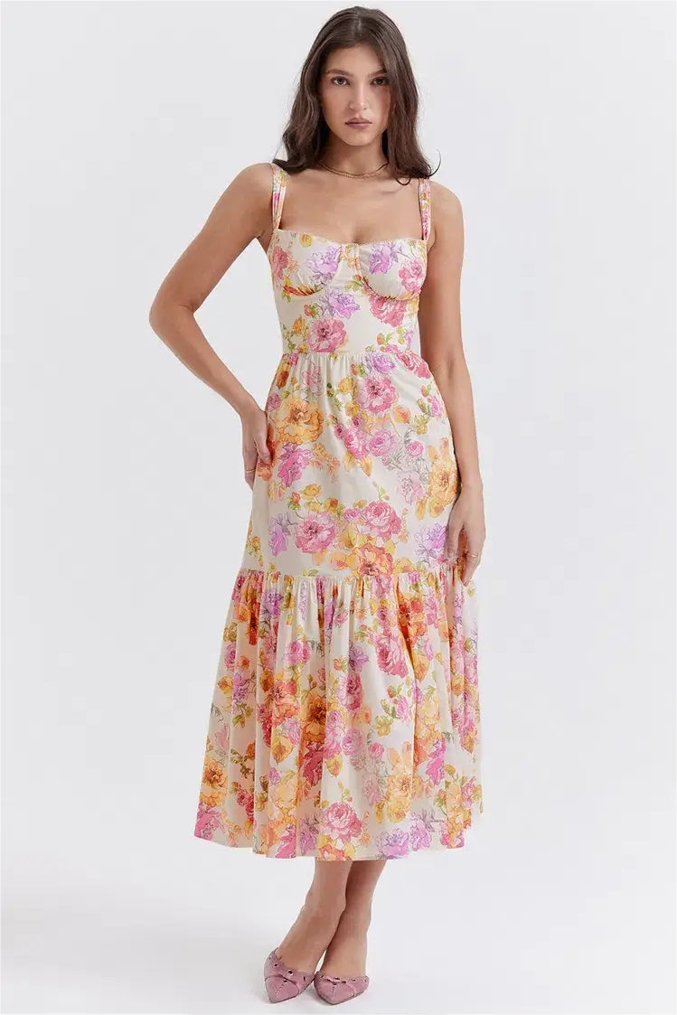 Vestido midi camisola con corsé floral 