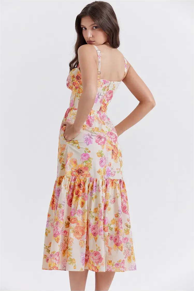 Vestido midi camisola con corsé floral 