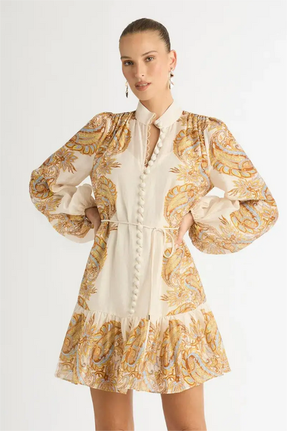 Vestido mini con mangas farol y estampado paisley 