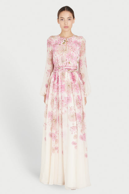 Vestido largo con cuello redondo y mangas abullonadas y estampado floral 