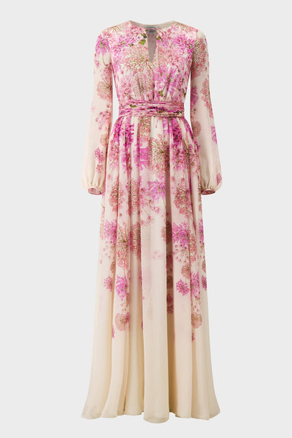 Vestido largo con cuello redondo y mangas abullonadas y estampado floral 