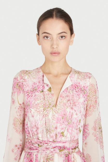 Vestido largo con cuello redondo y mangas abullonadas y estampado floral 