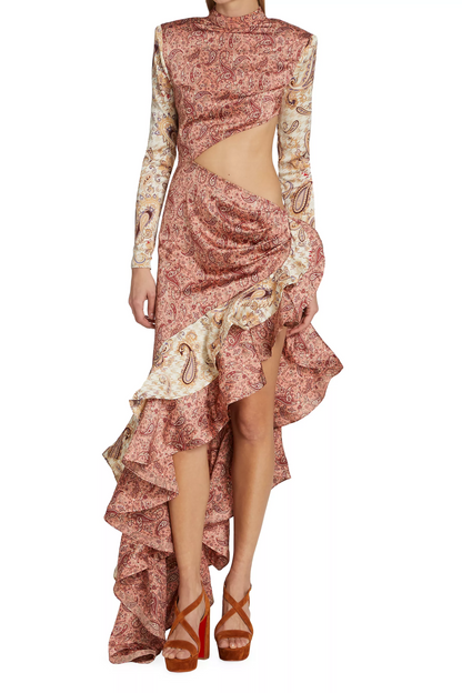 Vestido largo con abertura y cuello alto con volantes de cachemira 