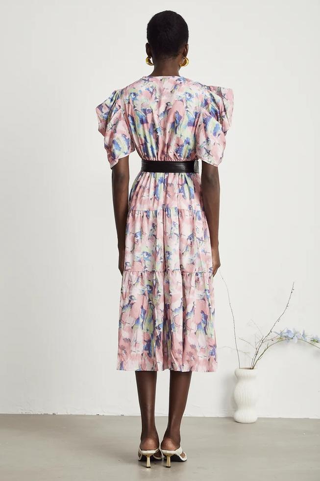 Vestido midi con escote en V y estampado abstracto con cinturón 