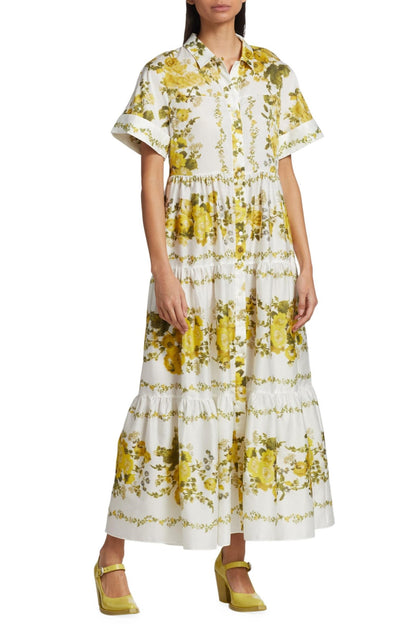 Vestido midi de botonadura sencilla con cuello camisero floral 