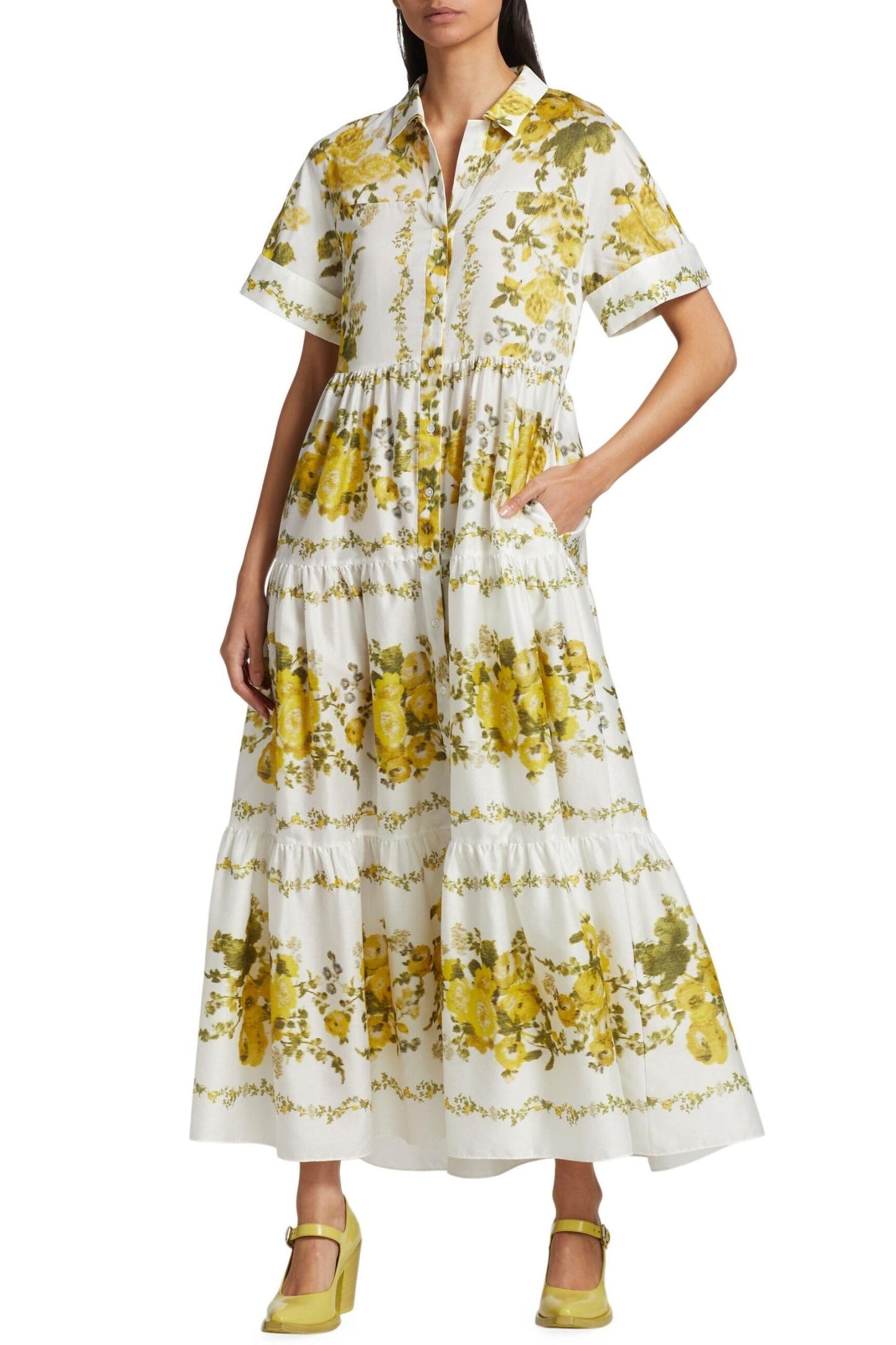 Vestido midi de botonadura sencilla con cuello camisero floral 