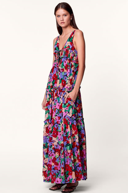 Vestido midi sin mangas con cuello en V y volantes florales 