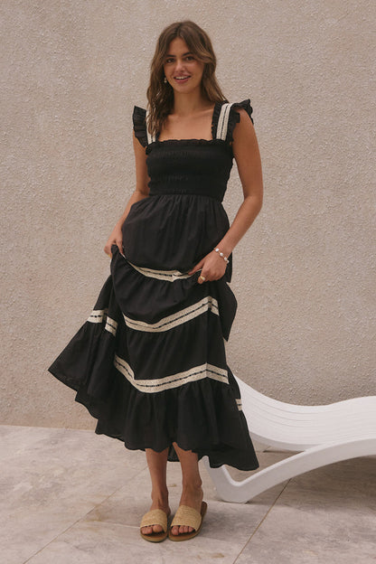 Vestido midi sin mangas con volantes y encaje fruncido 