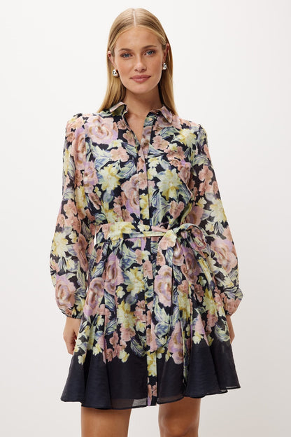 Minivestido floral con mangas farol y cinturón 