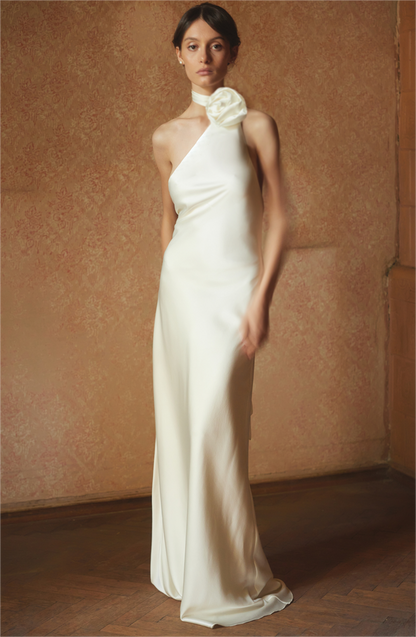 Vestido largo liso de satén con estampado floral 3D 