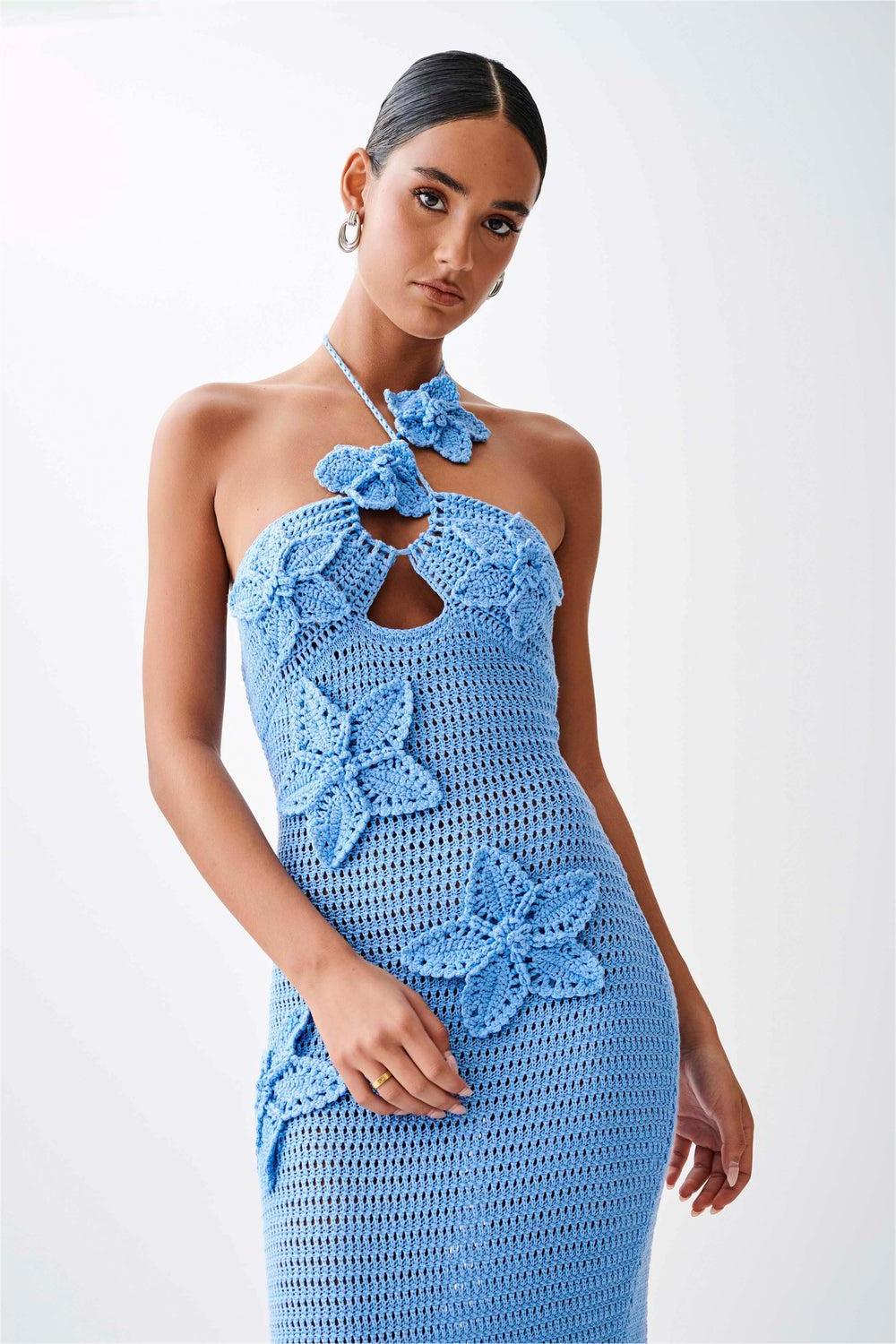 Vestido midi liso con estampado floral 3D de punto 