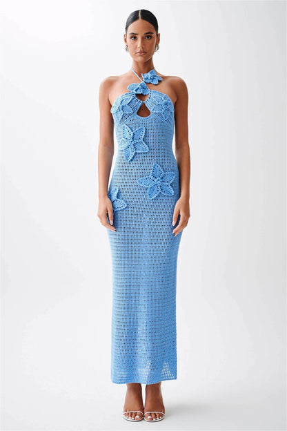 Vestido midi liso con estampado floral 3D de punto 