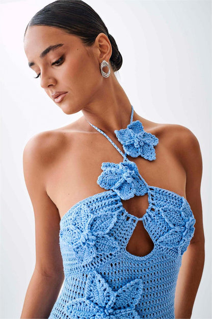 Vestido midi liso con estampado floral 3D de punto 