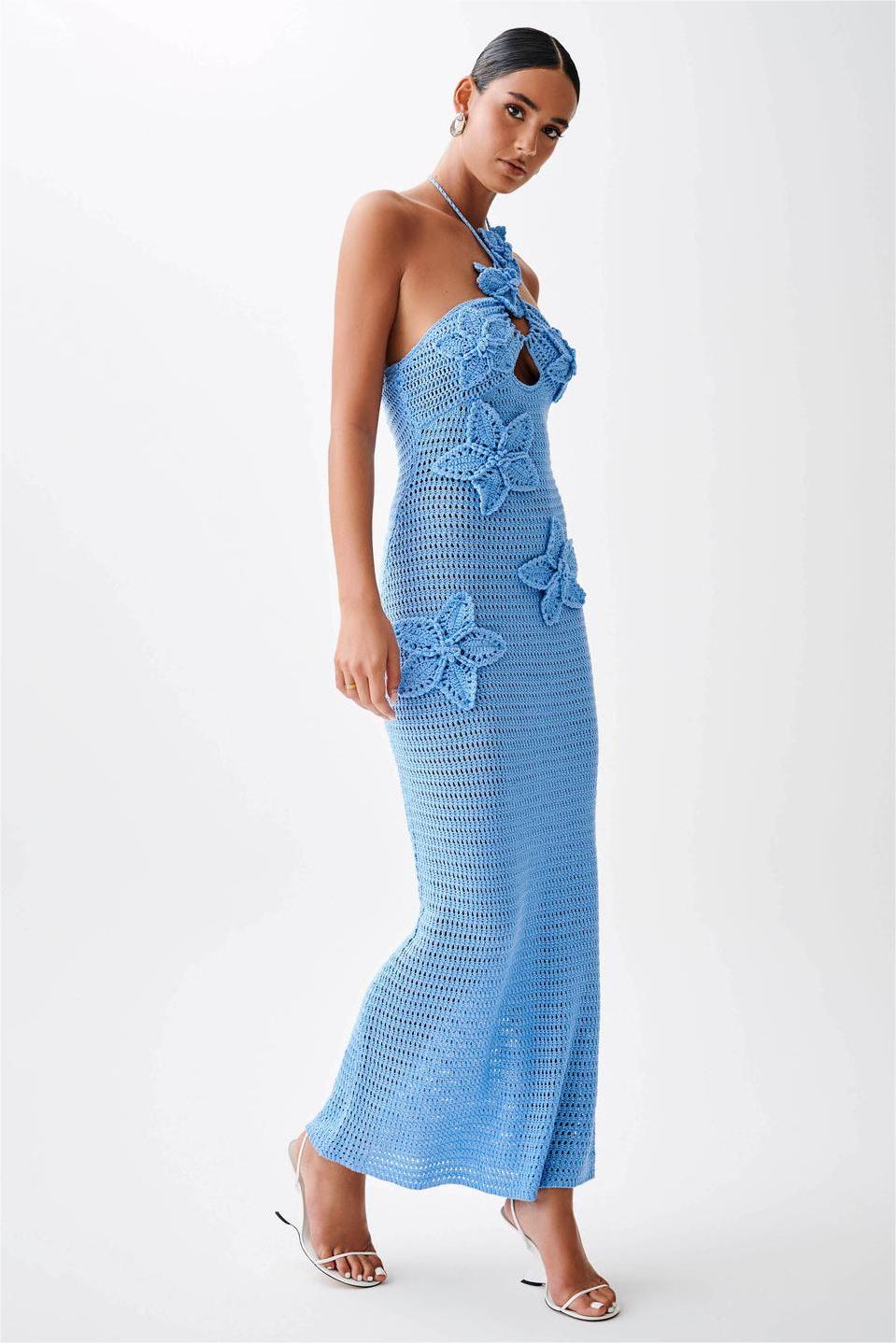 Vestido midi liso con estampado floral 3D de punto 