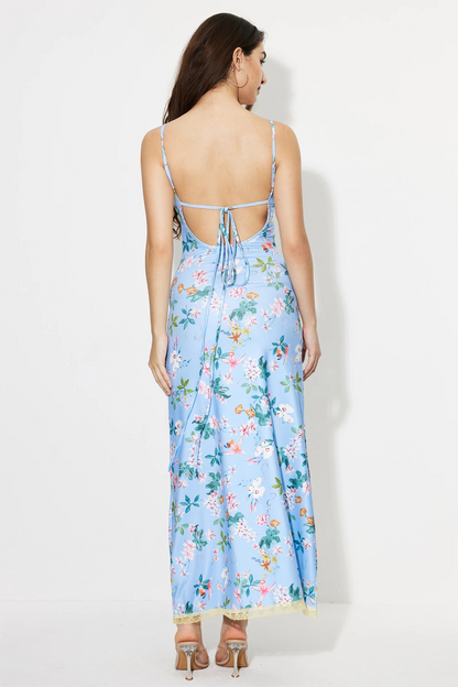 Vestido midi sin mangas con cuello en V y encaje floral 