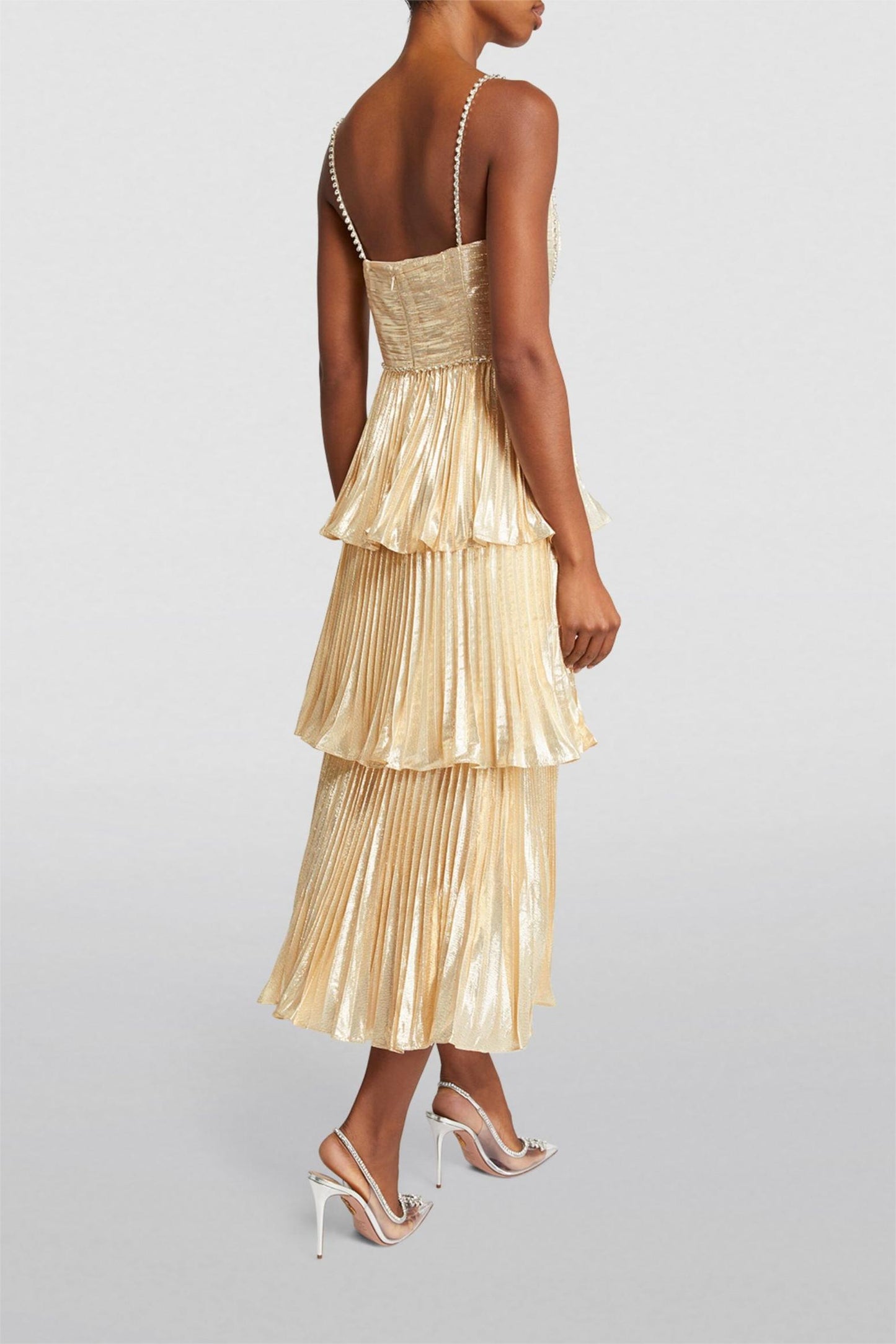 Vestido midi liso plisado sin mangas con diamantes de imitación 