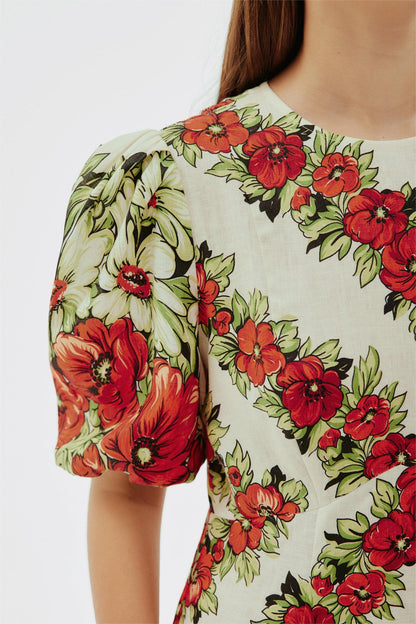 Vestido midi floral con cuello redondo y mangas abullonadas 