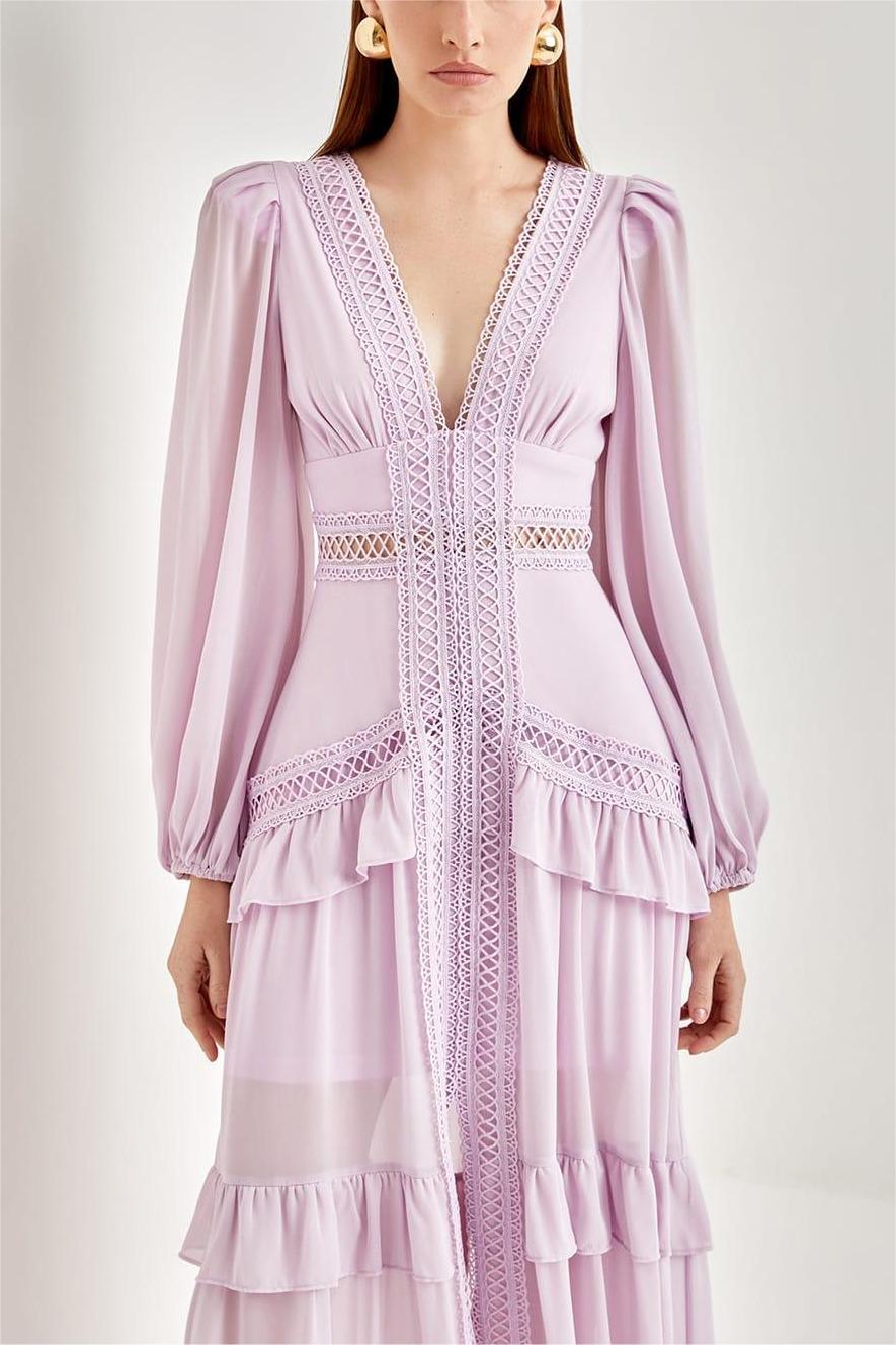 Vestido midi de encaje liso con escote en V y volantes 