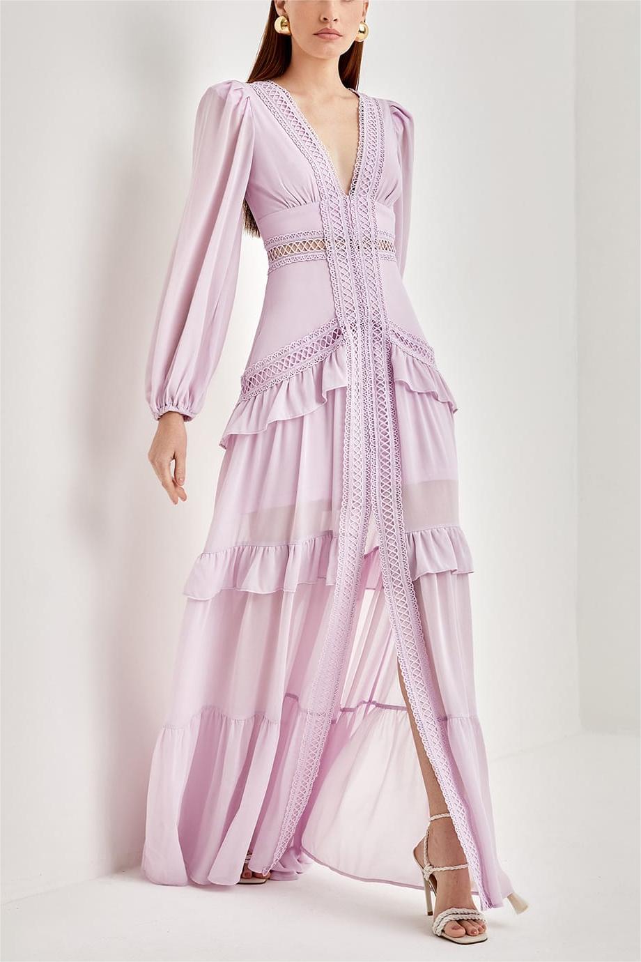 Vestido midi de encaje liso con escote en V y volantes 