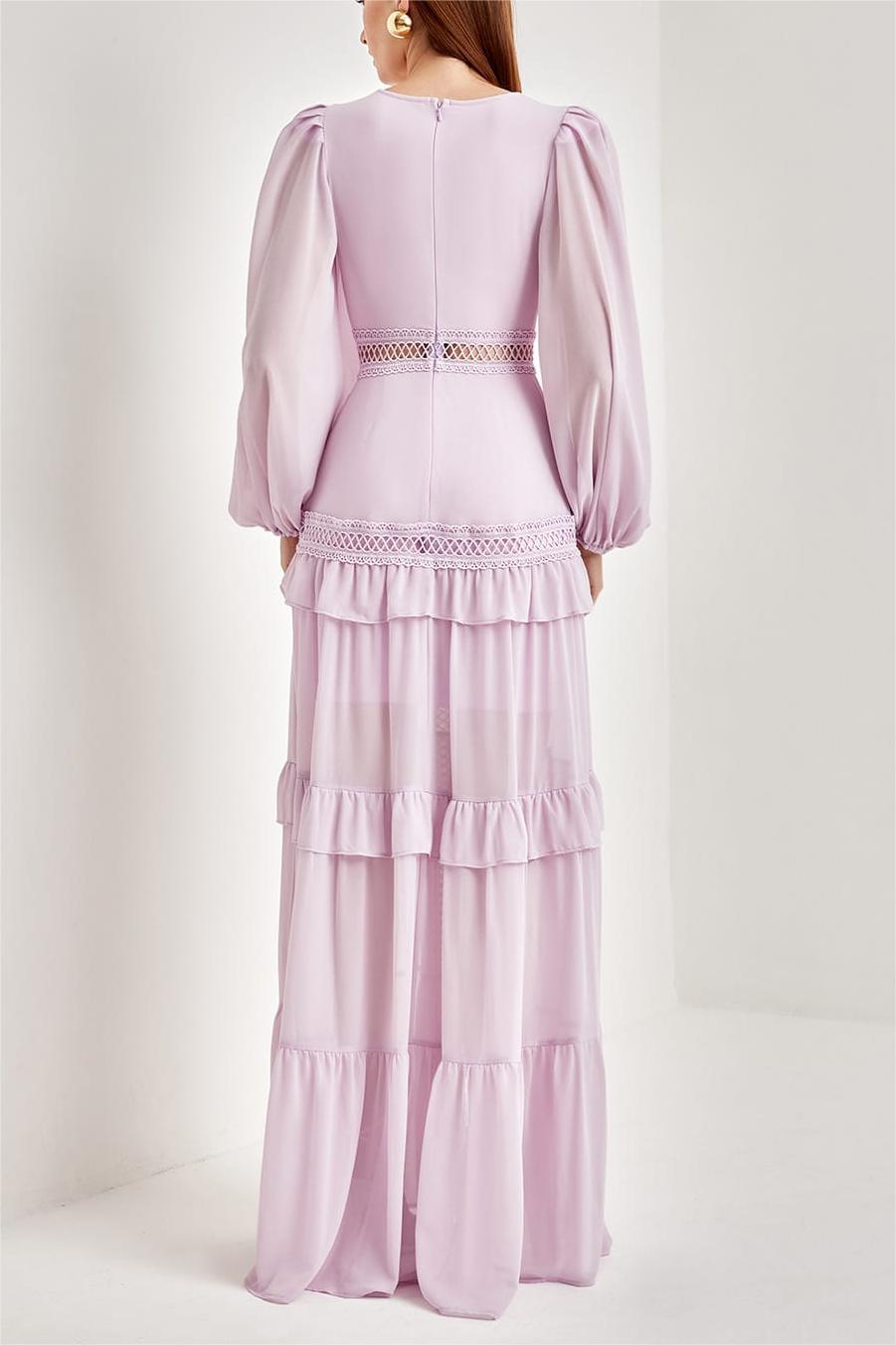 Vestido midi de encaje liso con escote en V y volantes 