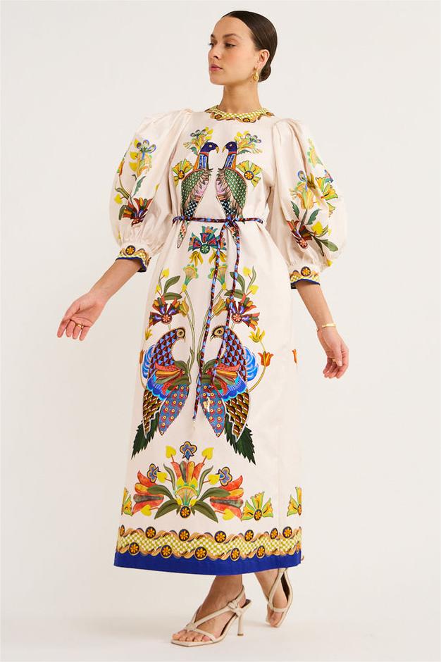 Vestido midi con mangas abullonadas y estampado animal 