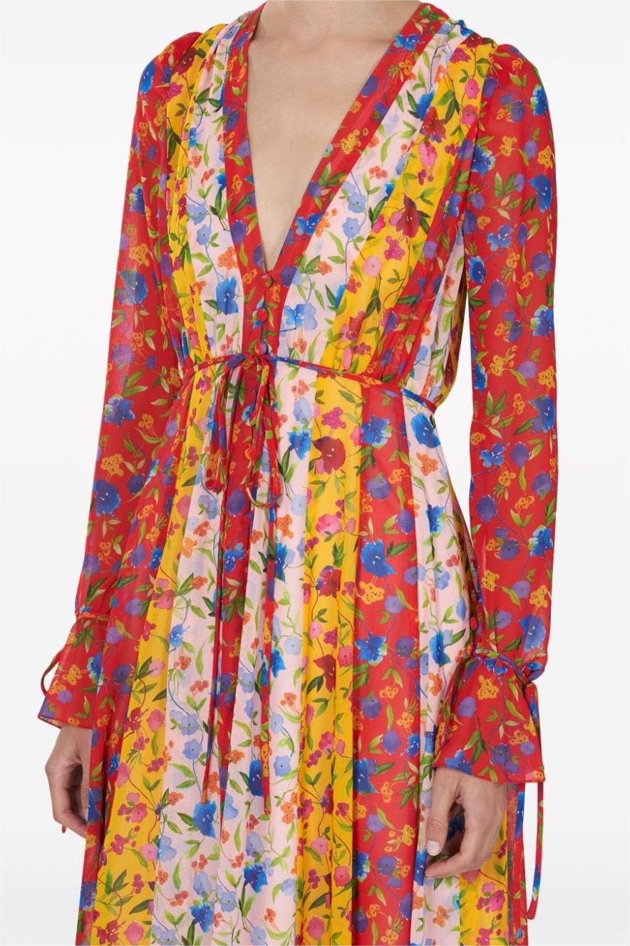 Vestido midi con cuello en V, cordones y cinturón con estampado floral de patchwork 