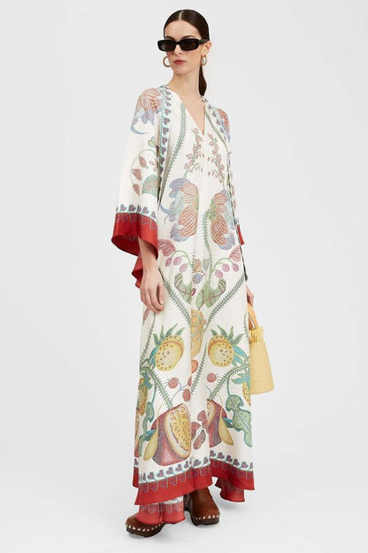 Vestido largo floral con escote en V y mangas abullonadas 