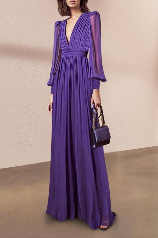 Vestido midi de gasa con cuello en V y mangas farol 