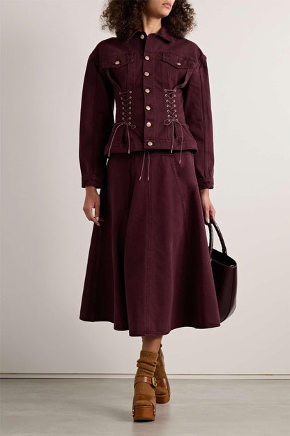 Conjunto de abrigo vaquero con cordones y falda midi de cintura alta 