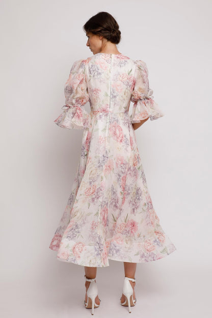 Vestido midi con mangas farol y estampado floral 3D 