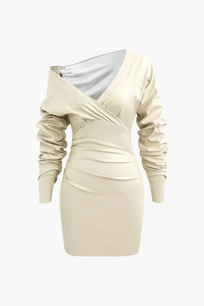 Kalia Beige Asymmetric V-neck Long Sleeve Gathered Mini Dress