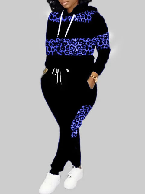 Plus Size Autumn Women Long Sleeves Two Pieces Hooded Collar Leopard Print Tracksuit Set Sweatshirts Pullover Hoodies Pant