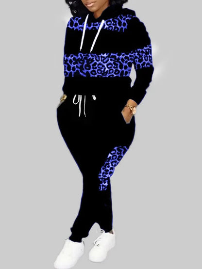 Plus Size Autumn Women Long Sleeves Two Pieces Hooded Collar Leopard Print Tracksuit Set Sweatshirts Pullover Hoodies Pant