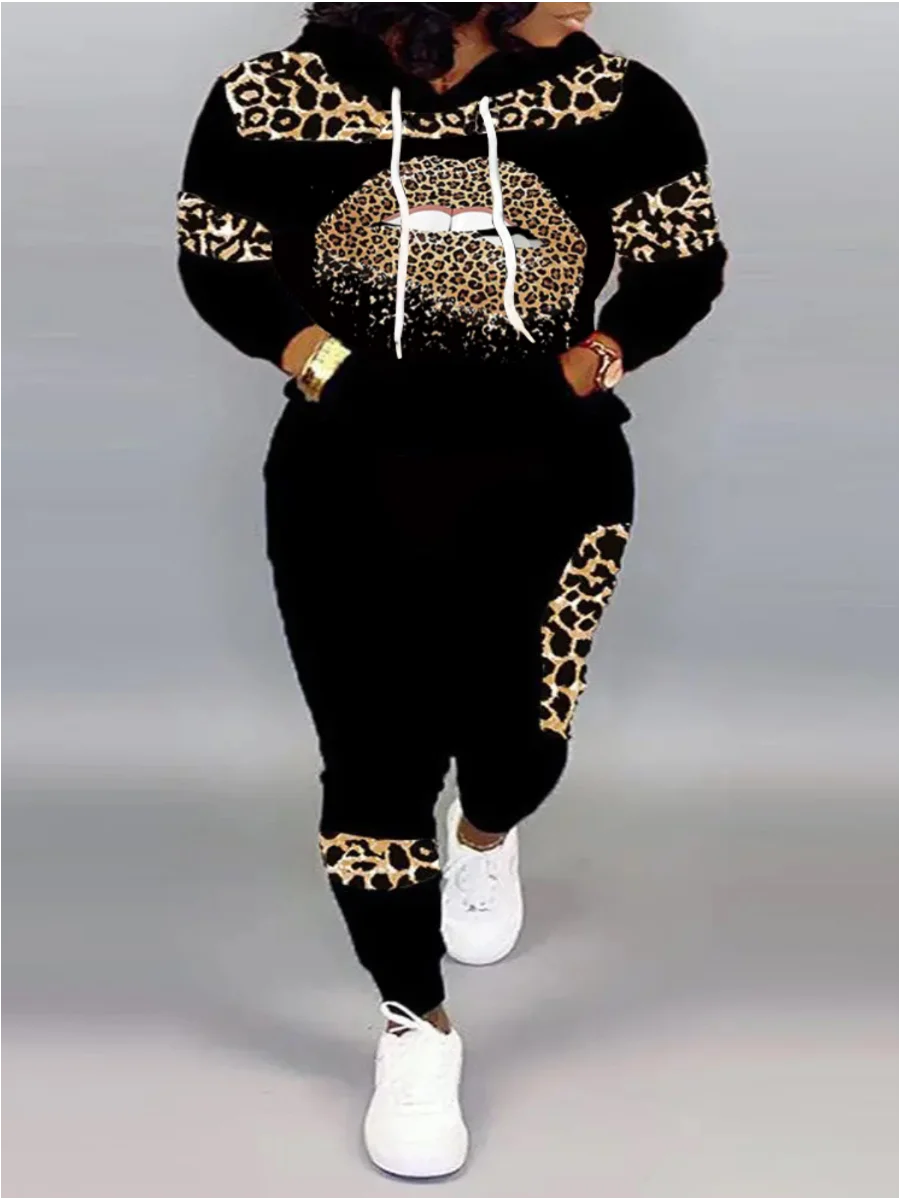Plus Size Autumn Women Long Sleeves Two Pieces Hooded Collar Leopard Print Tracksuit Set Sweatshirts Pullover Hoodies Pant